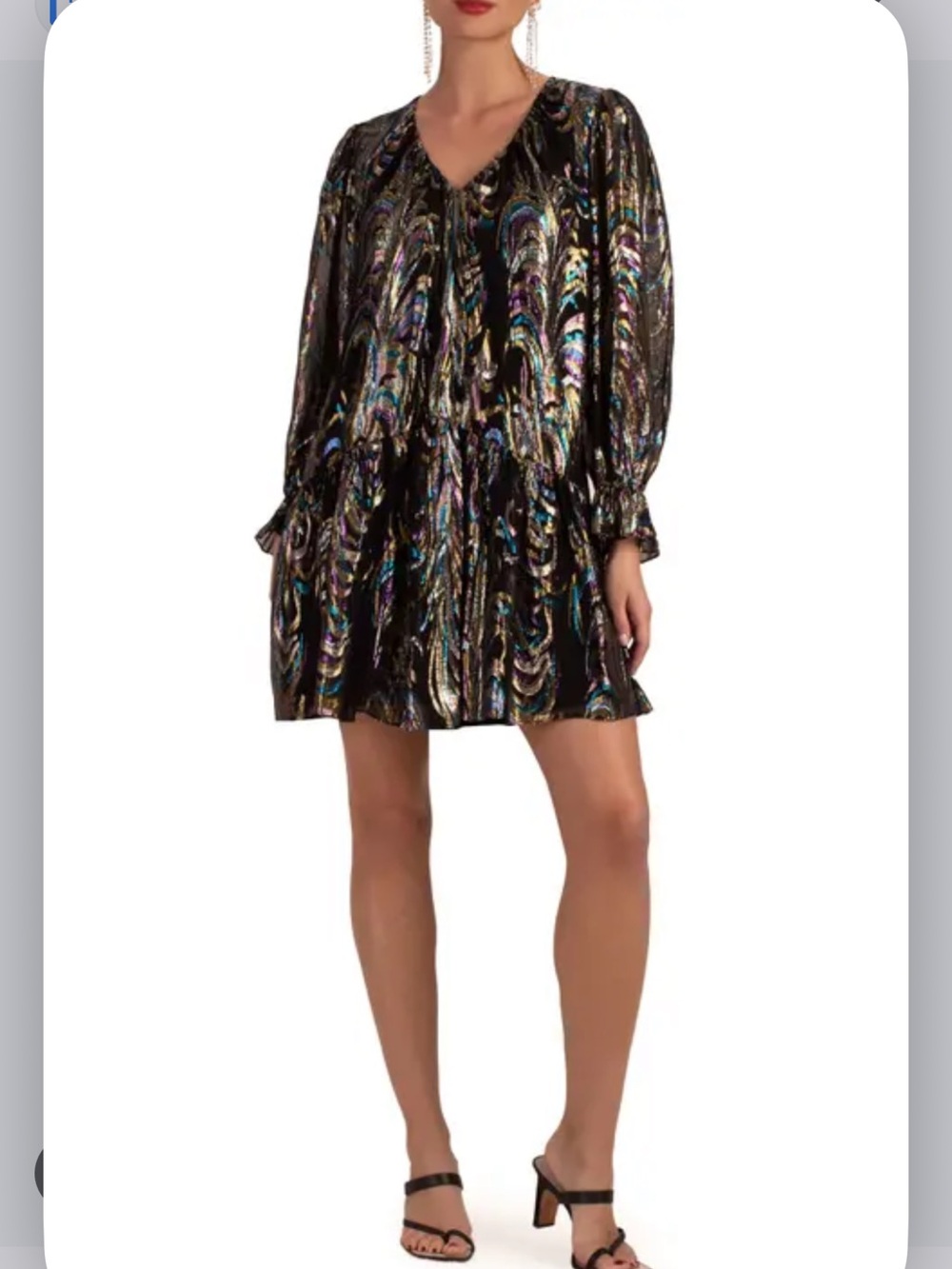 Trina Turk Celestial Long Sleeve Silk Shift Dress Black Metallic Women's Size XL